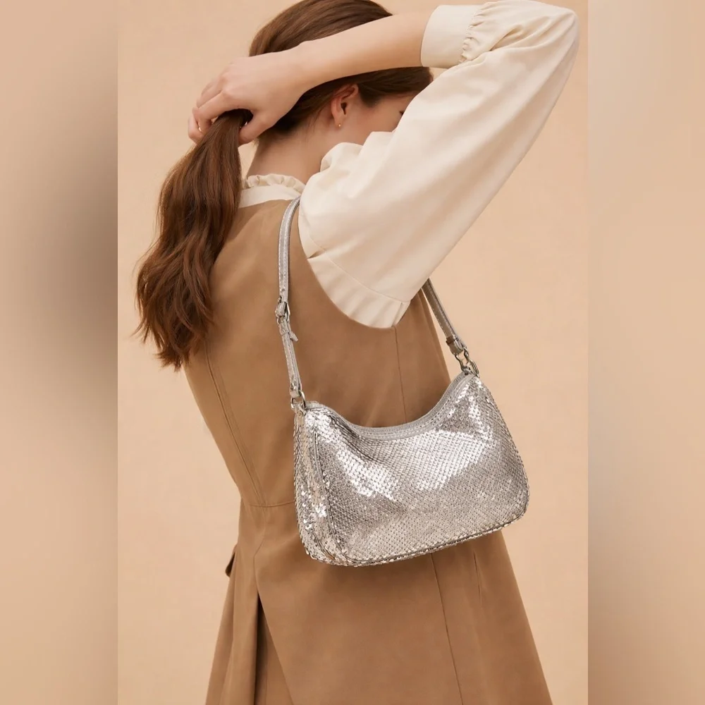 NWT Nicole Miller Silver Sequin Vegan Leather Small HOBO Shoulder Purse Handbag